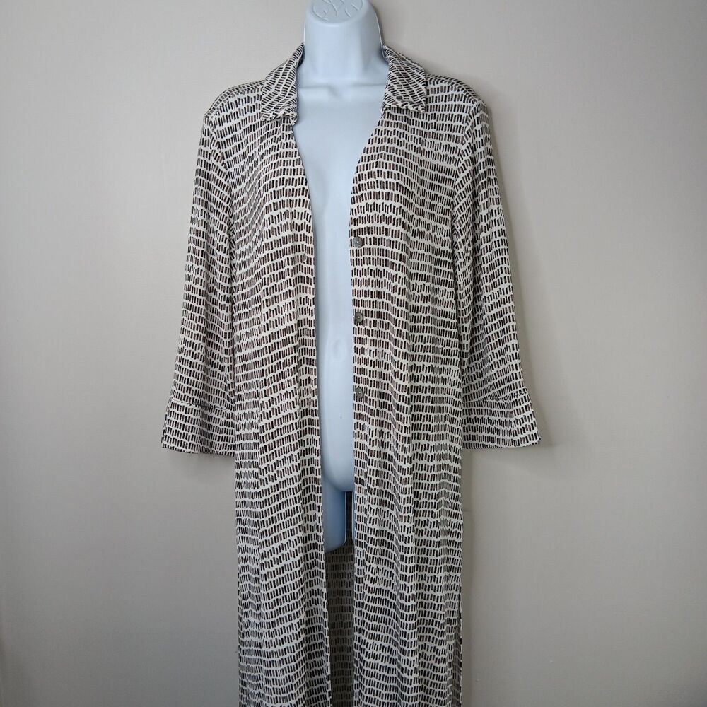 Chico’s Travelers Duster Size 1 Med Long Line Jacket Black White Sophisticated